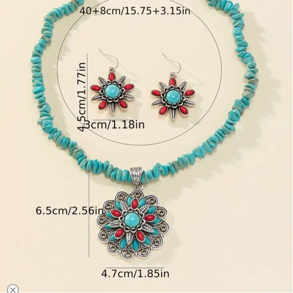 Imitation Turquoise & Coral Red Floral Jewelry Set - Necklace & Earrings - Boho - Picture 3 of 3
